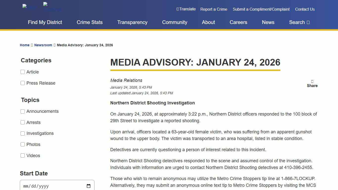 Media Advisory: January 24, 2026 Baltimore Police Department